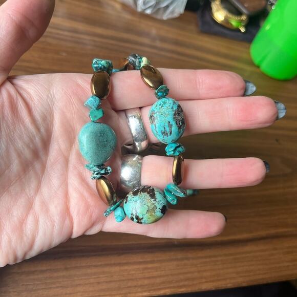 Vintage 925 Sterling Silver Chunky Genuine Turquoise and Bronze Bead Necklace C3 - Picture 7 of 11